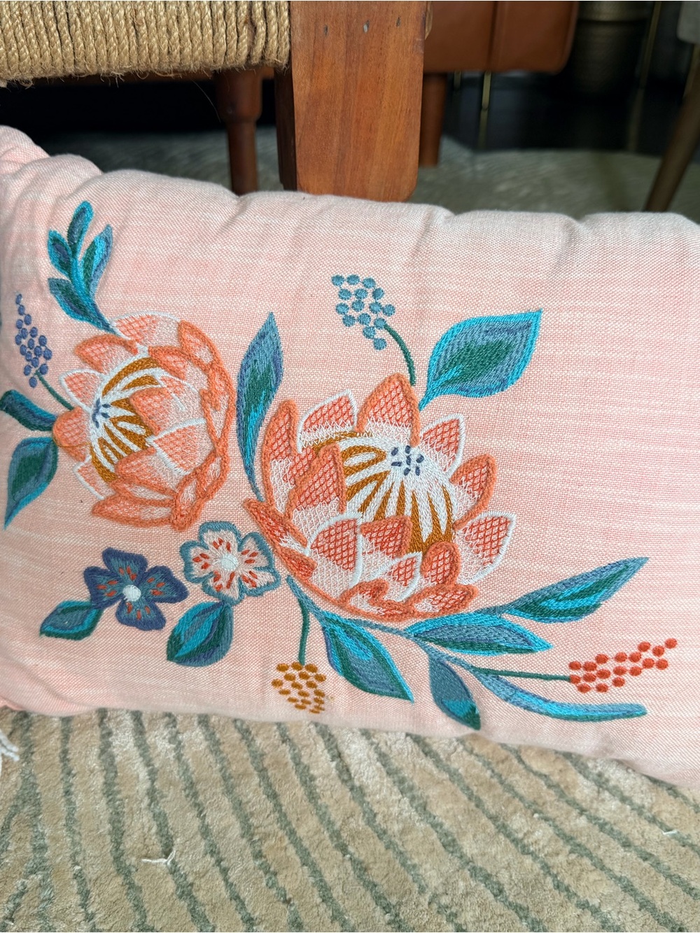 Embroidered Floral Lumbar Pillow Cover in Pink with Teal & Coral Accents